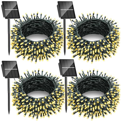 SOLARBABY 4 Pack Solar Christmas Lights Outdoor,Total 146Ft 400 LED Solar String Lights Outdoor with 8 Modes,Waterproof Warm White Fairy Light for Outside Garden Patio Xmas Tree Christmas Decoration - color: Warm White, size: 100LED*4