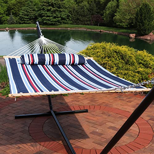 Sunnydaze Quilted Double Hammock for Outside with Spreader Bars and Pillow - 450 lb Capacity, 74x55 Inch Bed, UV Resistant, Quick Dry - Chains Included, Stand Sold Separately - Nautical Stripe - color: Nautical Stripe