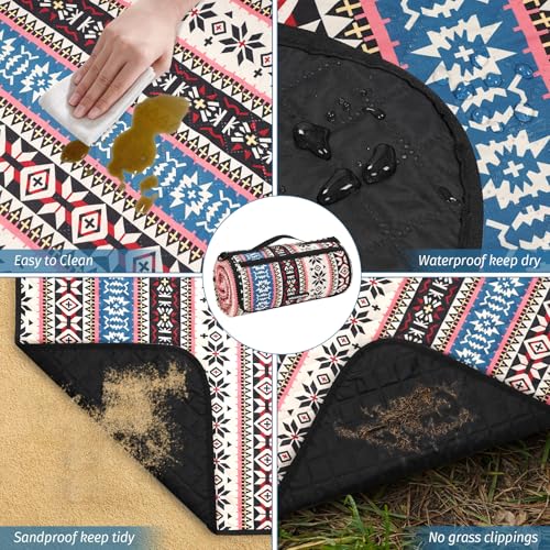Picnic Blankets Extra Large Outdoor - Beach Blanket Waterproof Sandproof with Shoulder Strap, Machine Washable, Picnic Mat with Stakes for Grass Concert, Park.BohoPattern - color: Red