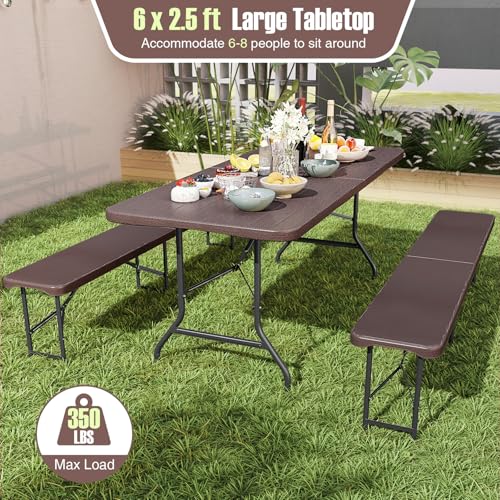 Goplus 6ft Plastic Folding Table, 350 LBS Indoor Outdoor Heavy Duty Portable Folding Tables with HDPE Tabletop, Handle, Lock, Foldable Rectangle Utility Card Table for Picnic, Party, Camping, Dining - color: Brown