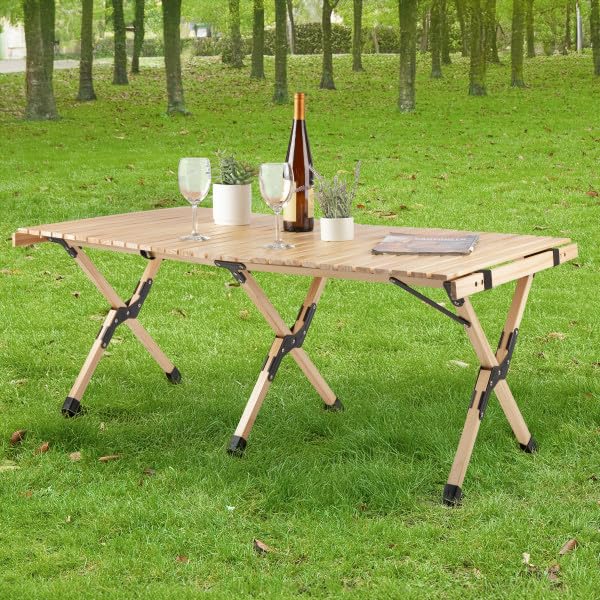 Foldable Camping Table - 4ft Roll-Up Portable Picnic Table with Carry Bag - Indoor/Outdoor Low Height Travel, Party, or Beach Table by Wakeman Outdoors (Natural Wood) - size: Large