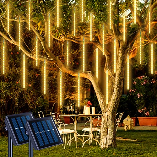 JMEXSUSS 2 Pack Solar Meteor Shower Lights, 16 Tube 288 LED Warm White Meteor Christmas Lights, Solar Powered Waterproof for Outdoor Tree Decorations - color: Warm White, size: 2*144LED