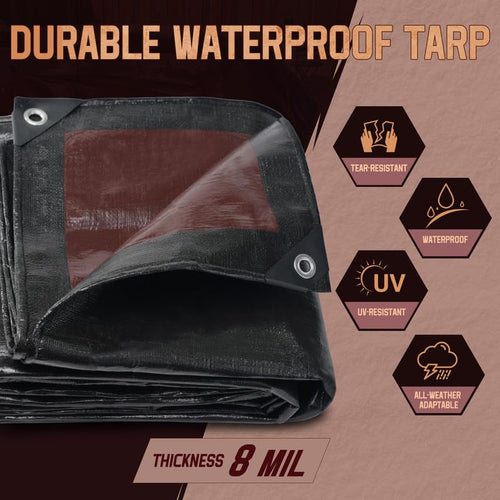 16x20 FT Tarp Waterproof 8 Mil Poly Tarps Medium Duty Waterproof, UV Resistant & Rip Tear Resistant, Multipurpose Protective Cover with Grommets Reversible for Home Boats Cars Plants - color: Black, size: 16x20