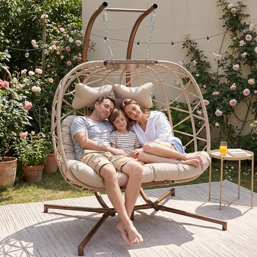 BULEXYARD 2 Person Double Egg Swing Chair with Stand, Oversized Boho Hanging Hammock Wicker Loveseat with Cushion, Comfy Outdoor Patio Chair for Balcony Backyard Bedroom, Beige - color: Beige/Beige, size: 2 Seats (No Cover)