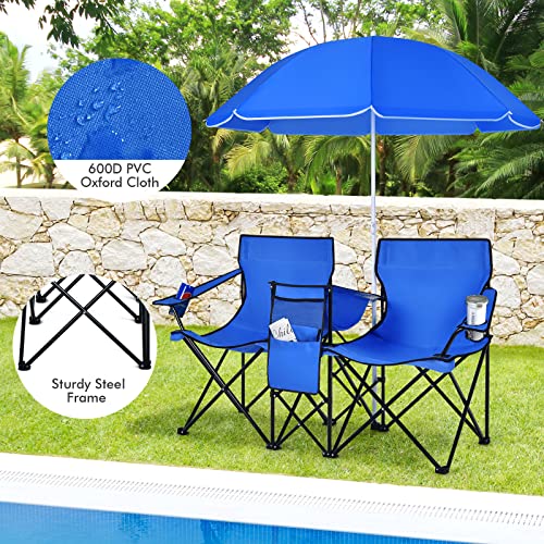 COSTWAY Double Portable Picnic Chairs, Folding Camping Chairs w/Detachable Umbrella, Cooler Bag, Cup Holders, Patio Beach Camping Chairs for Outdoors, Blue - color: Blue