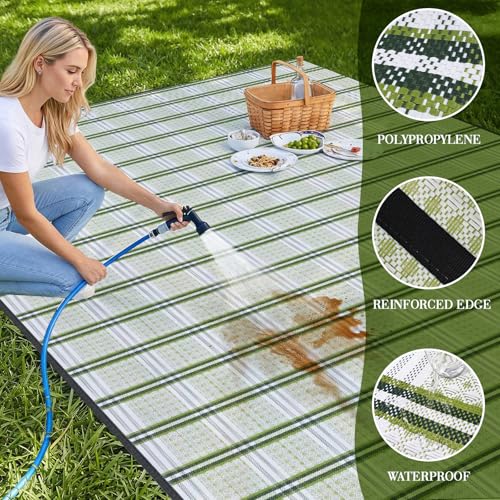 UPGRADE Waterproof Outdoor Rug 8x10 ft, Reversible Plastic Patio Rug, UV Resistant Straw Camping Mat with Carry Bag for RV Beach Deck Backyard, Green & White - color: Green & White, size: 8' x 10'