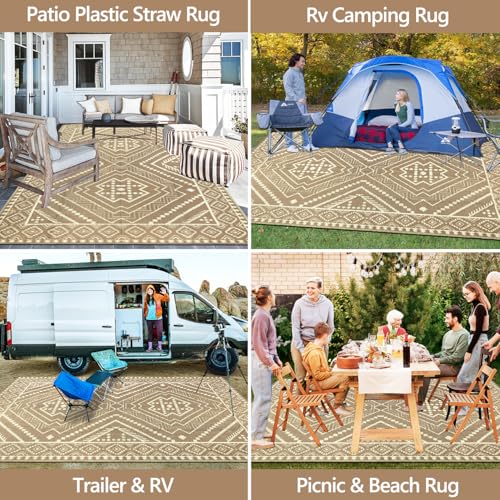 Waterproof Outdoor Rug 8x10 ft, Reversible Plastic Straw Mat, Large Floor Mat for Patio, Camping, Picnic, Backyard RV, Deck, Beige - color: Beige, size: 8' x 10'