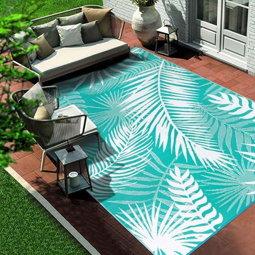 Outdoor Rug 8'x10' Waterproof for Patios Clearance, Reversible Outdoor Plastic Straw Rug Camping Carpet, Outside Floor Mats Large Area Rugs for RV,Patio,Deck,Porch, Beach,Balcony,Teal&White - color: Teal Blue, size: 8' x 10' (Rectangular)