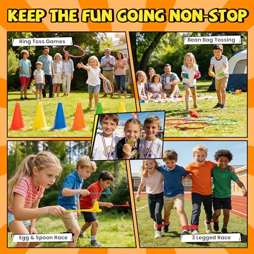 ropoda Field Day Games, Outdoor Carnival Games Potato Sack Race Bags for Adults and Kids, Bean Bags, Soft Plastic Cones,Ring Toss Set,Egg and Spoon Race, Outdoor Games Easter - color: 83PCS