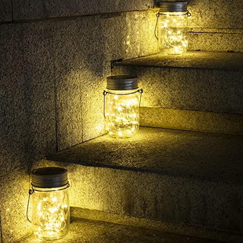 GIGALUMI Hanging Mason Jar Solar Lights, 6 Pack 30 Led Hanging Solar Lanterns Outdoor Waterproof, Hangers and Jars Included, Outdoor Decor for Balcony, Garden, Patio, Yard, Wedding - size: 6 Pack
