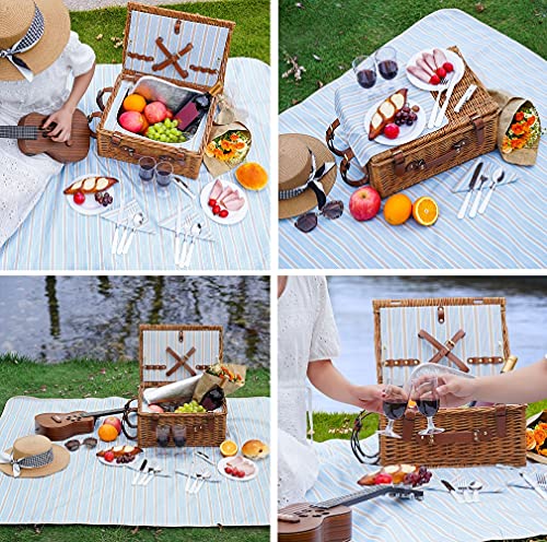 Picnic Basket Set for 2 Persons, Willow Hamper with Large Insulated Cooler Compartment, Waterproof Blanket and Cutlery Service Kit-Classical Brown - color: Light Honey Color for 2 Persons