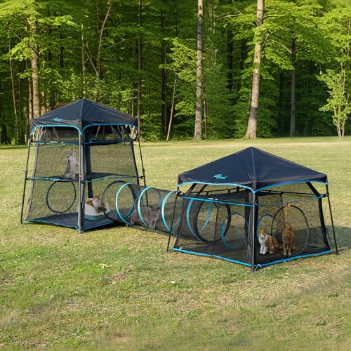 Extra Large Catio Outdoor Cat Enclosure, 2-Tier Foldable Cat Tent with 3 Doors for Patio, Balcony, Indoor & Camping, Weatherproof Sunproof Cat Playpen with Carry Bag Included（Patented） - style: A-2 Tier Cat Tent Blue