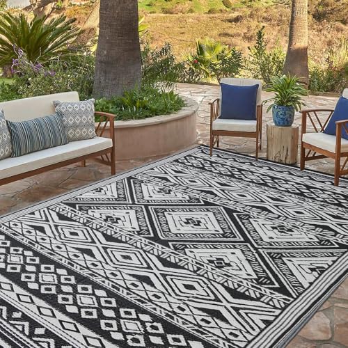 YONILE Outdoor Rug 9x12 ft Waterproof, Reversible Outdoor Plastic Straw Rug for Patios Clearance, Outdoor Area Rug Carpet RV Mat for Camping Backyard Deck Porch - color: Black&white- Geometric, size: 9x12ft