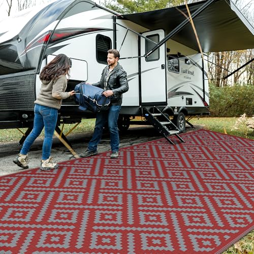 GENIMO Outdoor Rug for Patio Clearance, 10'x20' Reversible Plastic Straw Rugs, Lightweight Waterproof RV Camping Mat for Camper, Balcony, Deck, Backyard, Picnic, Red Grey - color: Red & Grey, size: 10' x 20' (Rectangular)