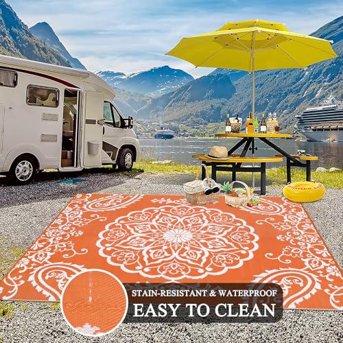 Pauwer Waterproof Outdoor Rug 6x9, Reversible Plastic Straw Patio Camping Rug, Indoor Outdoor RV Mat Carpet for Deck, Camper, Porch, Balcony, Backyard, Picnic, Boho Orange - color: Boho Orange, size: 6' x 9' (Rectangular)