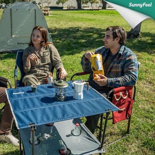 SUNNYFEEL Folding Camping Table- Collapsible Portable Beach Table with 4 Cup Holders & Carry Bags, Tailgate Table for Outdoor Excursion Picnic Hiking Fishing Travel Parties, Blue