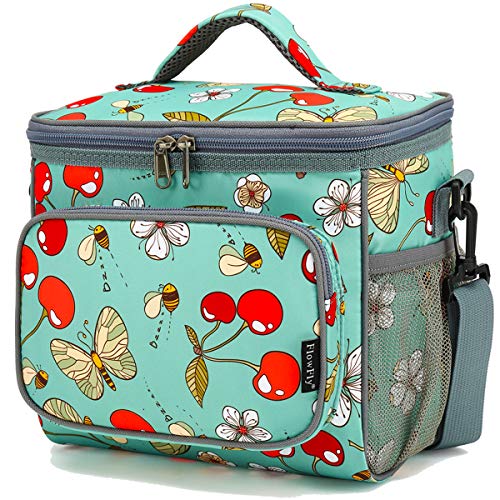 FlowFly Insulated Reusable Lunch Bag Adult Large Lunch Box for Women and Men with Adjustable Shoulder Strap,Front Zipper Pocket and Dual Large Mesh Side Pockets,Cherry - color: Cherry
