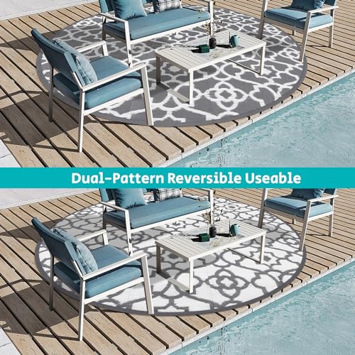 HEBE Outdoor Rug Waterproof 8ft, Plastic Straw Rug Camping Rug, Reversible Outdoor Patio Rugs RV Mat Clearance, Indoor Outside Floor Carpet for Porch,Deck,Camper,Balcony,Backyard - color: Grey, size: 8' (Round)