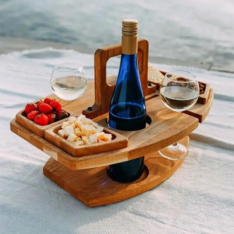Folding Wooden Picnic Table with Wine Glass Holder - Portable Camping Table for Beach, Park & Outdoor Use, Champagne and Beverage Stand - color: C