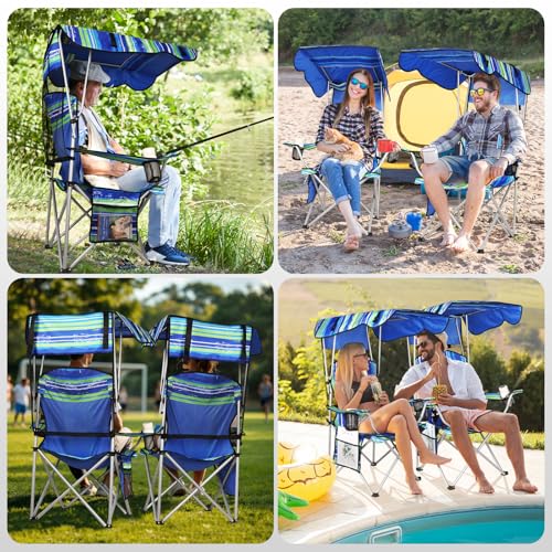 VTOY Portable Camping Chair with Canopy - Folding Chair with Canopy, Durable 600D Oxford Canopy Chair for Camping, Beach, Picnics, Fishing & Sports - color: 1pack Stripe Green