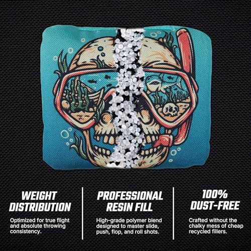Professional Cornhole Bags Set of 8 - Dual Sided Stick & Slide (Suede/Woven) - Premium Resin Filled Regulation Weight & Size (6x6, 16oz) - Double Stitched Reinforced Seams with Carry Tote - color: Fishing & Diving
