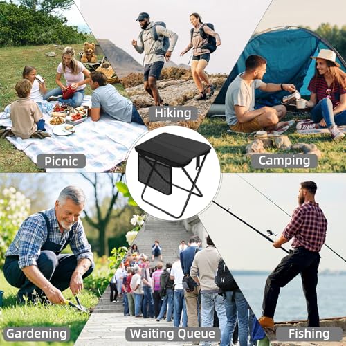 Portable Folding Camp Stool with Side Pocket, Taller Foldable Camping Stool for Adults, Metal Backpacking Stool Lightweight Mini Folding Chair, Compact Camping Seat Travel Fishing Hiking Mobile Chair