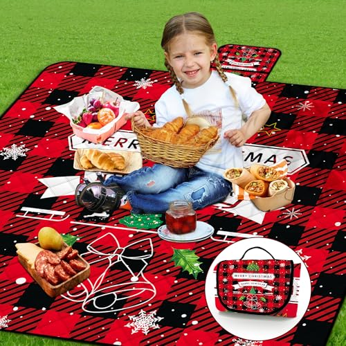 Poedist Christmas Extra Large Picnic Blanket Waterproof,80"x 80"Foldable Machine Washable Beach Blanket,Outdoor Blanket for 6-8 Adults,Suitable for Crawling,Park Beach,Camping,Hiking,Family - color: Red- Christmas, size: 6'8" x 6'8" (Square)