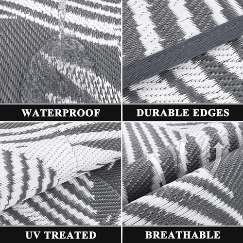 Pauwer Waterproof Outdoor Rug 6x9, Reversible Plastic Straw Patio Camping Rug, Indoor Outdoor RV Mat Carpet for Deck, Camper, Porch, Balcony, Backyard, Picnic, Leaf Grey - color: Leaf Grey, size: 6' x 9' (Rectangular)