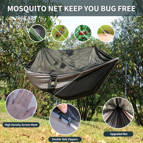Qevooon Camping Hammock with Net,Travel Portable Lightweight Hammocks with Tree Straps and Solid D-Shape Carabiners,Parachute Nylon Hammock for Outsides Backpacking Beach Backyard Patio Hiking - color: Black & Grey, size: Large