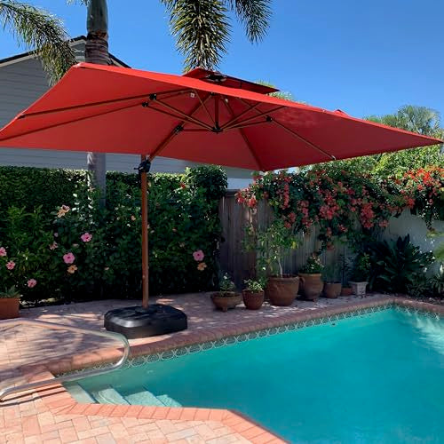 PURPLE LEAF 9' X 12' Double Top Deluxe Wood Pattern Rectangle Patio Umbrella Offset Hanging Umbrella Outdoor Market Umbrella Garden Umbrella, Brick Red - color: Brick Red, size: 9'X12', style: Umbrella