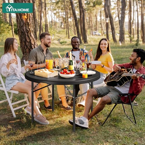 YITAHOME 48 Inch Round Folding Table for Outdoor/Indoor, Heavy Duty Folding Plastic Table w/Thick Table Top and Sturdy Metal Frame, Ideal for Party Picnic Camping BBQ Events, Black - color: Black
