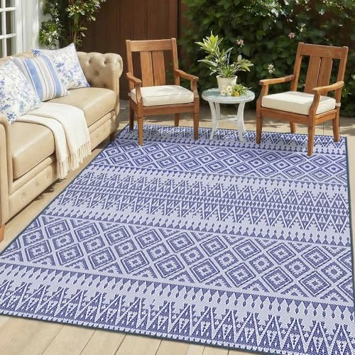 UPGRADE Waterproof Outdoor Rug 8x10 ft, Reversible Plastic Patio Rug, UV Resistant Straw Camping Mat with Carry Bag for RV Beach Deck Backyard, Blue & White - color: Blue & White, size: 8' x 10'