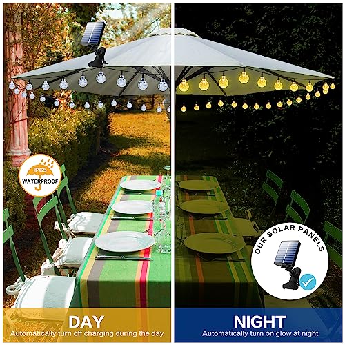 POOCCI Solar Umbrella Lights Crystal String Lights Solar Powered Waterproof 60 LED Patio Umbrella Lights 8 Lighting Modes Fairy Lights Outdoor for Garden Yard Beach Party Wedding Decor(Warm-White)