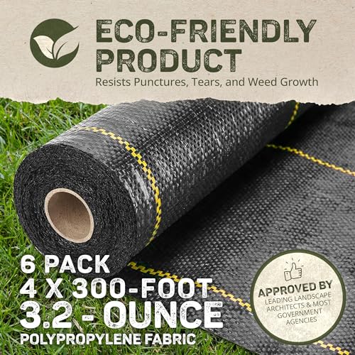Dewitt 6-Pack Sunbelt Weed Barrier Fabric 3.2 oz, 4 x 300 Feet – Heavy-Duty Ground Cover Mat for Greenhouse Floors, Garden Rows, Raised Beds, Yard Gardening, and Outdoor Landscape Protection - size: 6 Pack, style: 4' W x 300'