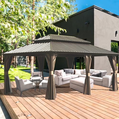 Domi 12' x 18' Hardtop Gazebo Permanent Metal Gazebo with Galvanized Steel Double Roof, Curtains and Netting for Party, Wedding, Outdoor Dining, Patio, Backyard, Brown - color: Brown, size: 12'×18' Double Roof