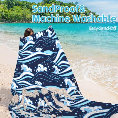 Beach Blanket Waterproof Sandproof Oversized Extra 110" * 118"/ 9 * 10 Ft Sand Free Beach Mat with Stakes, Storage Bag - Essentials for Outdoor Beach, Picnic,Quick Drying Durable - color: Sea Wave, size: 9x10 FT (1～8 Person)