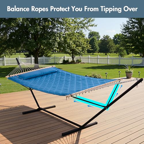 ANOW Double Hammock with 12 Feet Heavy Duty Steel Stand Combo, 2 Person Quilted Hammock with Stand for Outside, 450 LBS Weight Capacity, Blue - color: Blue, size: 2 Person With Stand