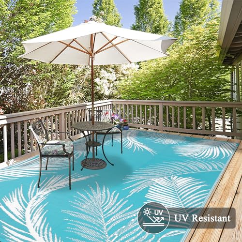 Pauwer Waterproof Outdoor Rug 5x8, Reversible Plastic Straw Patio Camping Rug, Indoor Outdoor RV Mat Carpet for Deck, Camper, Porch, Balcony, Backyard, Picnic, Leaf Teal - color: Leaf Teal, size: 5' x 8' (Rectangular)