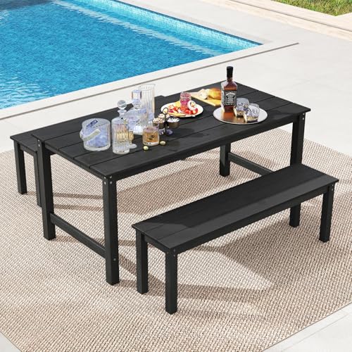 Tangkula HDPE Outdoor Dining Table for 6 Person, 67” Patio Table with Wood-Like Tabletop and Umbrella Hole, Weather-Resistant Rectangle Table for Garden, Backyard and Poolside (Black, 1 Table) - color: Black, size: 1 Table