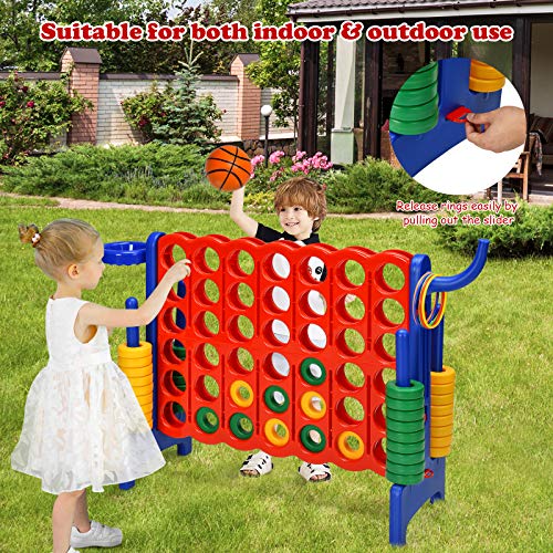 Costzon Giant 4-in-A-Row, Jumbo 4-to-Score Giant Game w/Basketball Hoop, Ring Toss, Quick-Release Slider, 42 Jumbo Rings, Indoor Outdoor Family Connect Game for Kids & Adults, Backyard Games, Blue - color: Red/Blue