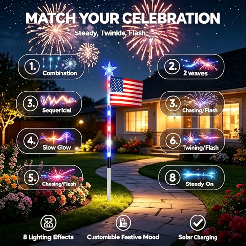 8 Pack Solar American Flag Pathway Lights - Patriotic Red White Blue Outdoor Stake Waterproof LED Lights with 8 Modes, Decorations 4th of July Memorial Day & Independence Day Yard Garden (Style A) - color: Style A