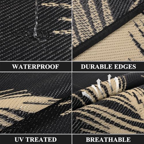 Pauwer Waterproof Outdoor Rug 6x9, Reversible Plastic Straw Patio Camping Rug, Indoor Outdoor RV Mat Carpet for Deck, Camper, Porch, Balcony, Backyard, Picnic, Leaf Black Brown - color: Leaf Black Brown, size: 6' x 9' (Rectangular)