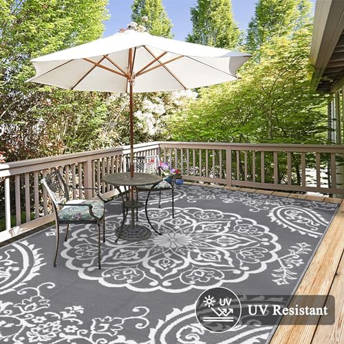 Pauwer Waterproof Outdoor Rug 6x9, Reversible Plastic Straw Patio Camping Rug, Indoor Outdoor RV Mat Carpet for Deck, Camper, Porch, Balcony, Backyard, Picnic, Boho Grey - color: Boho Grey, size: 6' x 9' (Rectangular)
