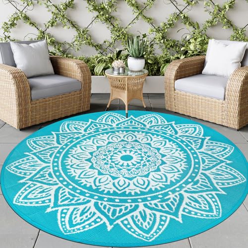 famibay Round Outdoor Rugs for Patios 5 Ft Round Outdoor Rug Waterproof Round Patio Rug Outdoor Plastic Straw Rug Lightweight Boho Outdoor Carpet Mats for Patio Backyard Camping Porch(Teal) - color: Teal, size: Round 5ft