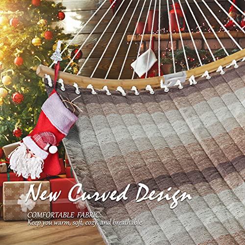 Double Hammock, 11 FT Quilted Fabric 2 Person Hammock for Outside with Pillow, Folding Curved Spreader Bar, Chains, Carrying Bag, Indoor Outdoor, 450 IB Capacity, Aqua Green - color: Aqua Green