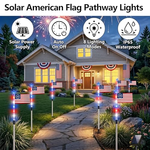 8 Pack Solar American Flag Pathway Lights - Patriotic Red White Blue Outdoor Stake Waterproof LED Lights with 8 Modes, Decorations 4th of July Memorial Day & Independence Day Yard Garden (Style B) - color: Style B