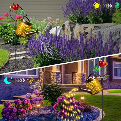 Solar Lanterns Cardinal Granden Decor, Watering Can with Cardinal Shepherd Hook and Cascading Lights, Outdoor Solar Lantern for Garden Yard Decor, Gifts for Women Mom Grandma Birthday, Mothers Day - color: Cardinal Bird, size: 1 Pack