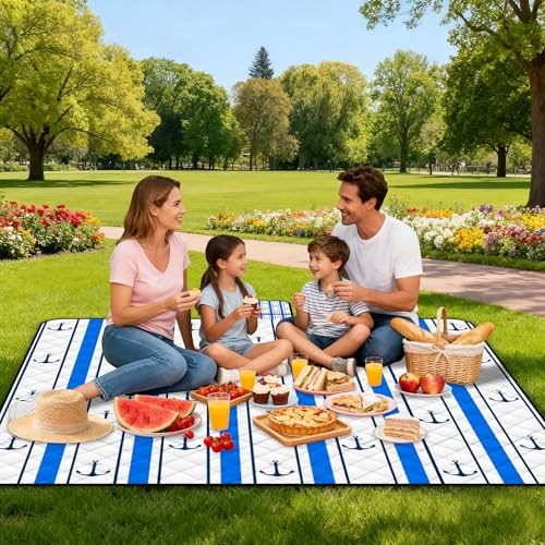 Poedist Extra Large Picnic Blanket Waterproof,80"x 80"Foldable Machine Washable Beach Blanket,Outdoor Blanket for 6-8 Adults,Suitable for Indoor Crawling,Park Beach,Camping,Hiking,Family Travel(Blue) - color: Blue Boat, size: 6'8" x 6'8" (Square)