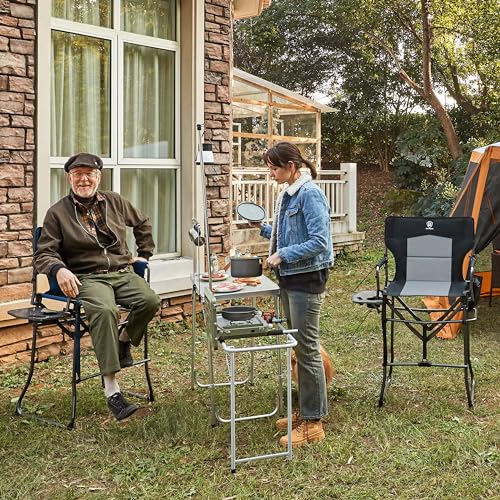 EVER ADVANCED Portable 30.7" Seat Height Tall Folding Camping Chair Directors Chair High Foldable Bar Stool with Side Table for Makeup Artist, Sports Event, Craft Show, Supports 350LBS - color: Blue Grey