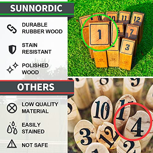 SunNordic Wooden Throwing Game Set, Numbered Block Toss Games with 1 x Scoreboard,12 x Premium Rubber Wood Pins & 1 x Dowel, Outdoor Backyard Lawn Bowling Yard Game for Kids, Adults & Family - color: Yellow Brown